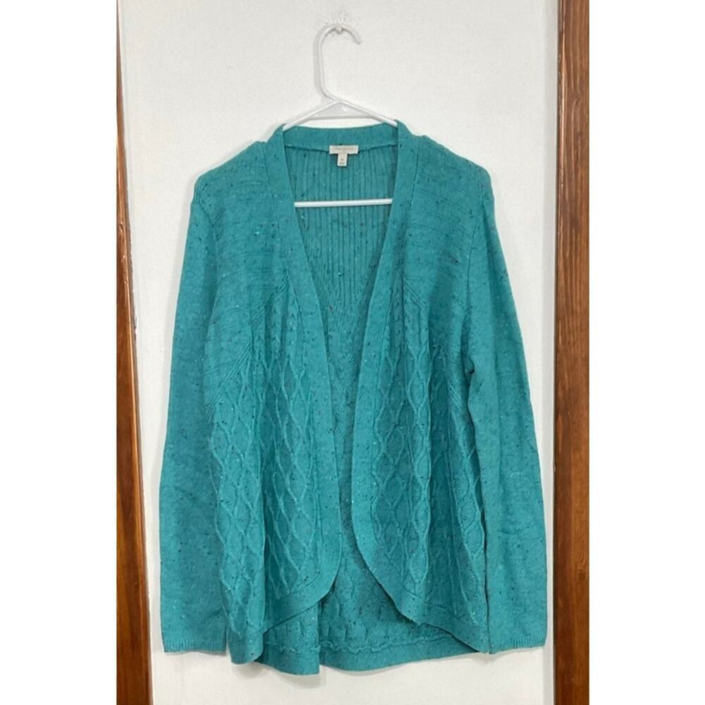 Talbots Speckled Turquoise Open Front Sweater Cardigan Size Medium Womens - Picture 2 of 7
